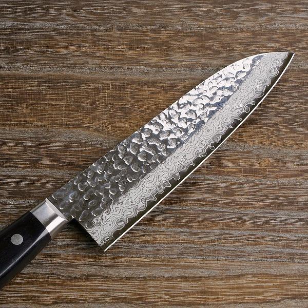 三徳包丁 両刃 180mm V金10号 割込み ステンレス 磨き槌目ダマスカス17