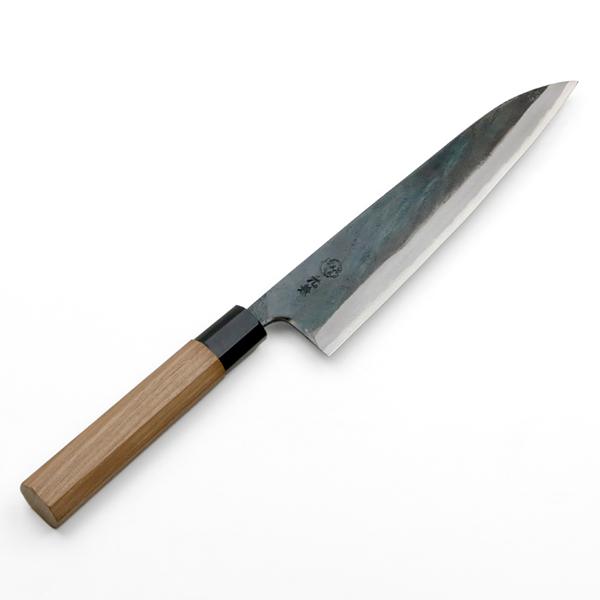 元兼 和牛刀 両刃 210mm 青紙1号 割込み 黒打ち仕上げ クルミ柄 木