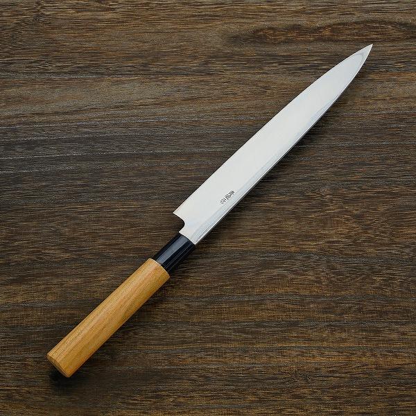 柳刃包丁 片刃 240mm 青紙2号 桜柄 一般家庭向け 名入れサンプル品 (名入れ 真心) 規格外品の画像