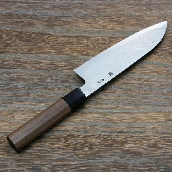 三徳包丁 両刃 165mm 青紙鋼 割込み ステンレス ダマスカス模様 ウォルナット柄 規格外品の画像