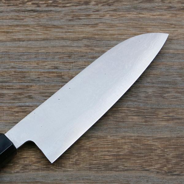 三徳包丁 両刃 165mm 青紙鋼 割込み ステンレス ダマスカス模様 ウォルナット柄 規格外品の画像