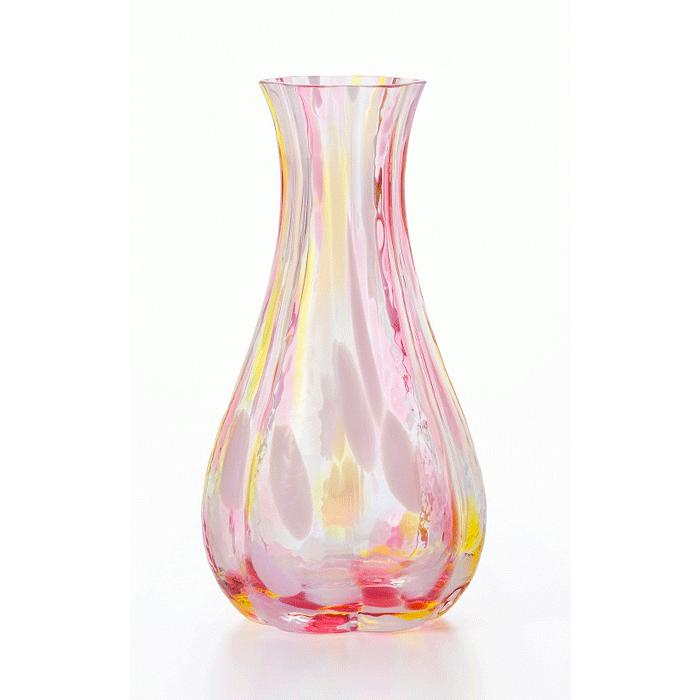 石塚硝子 津軽びいどろ 硝子花器 花ひかり 15cm ピンク、グリーン