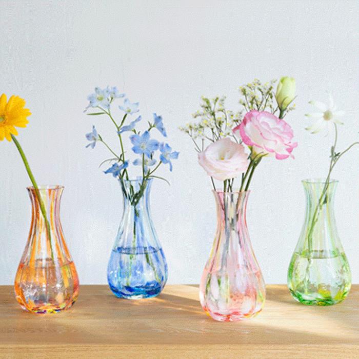 石塚硝子 津軽びいどろ 硝子花器 花ひかり 15cm ピンク、グリーン