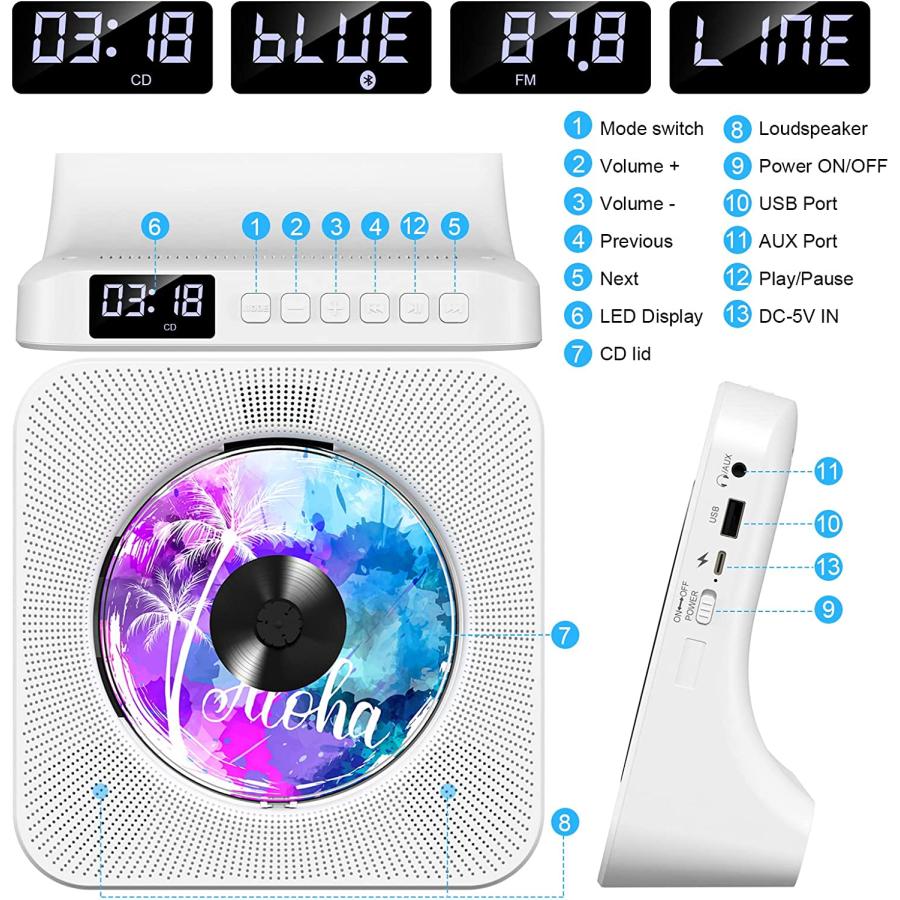 5倍】マラソンSALE CDプレーヤー ポータブル Bluetooth受発信 卓上置き