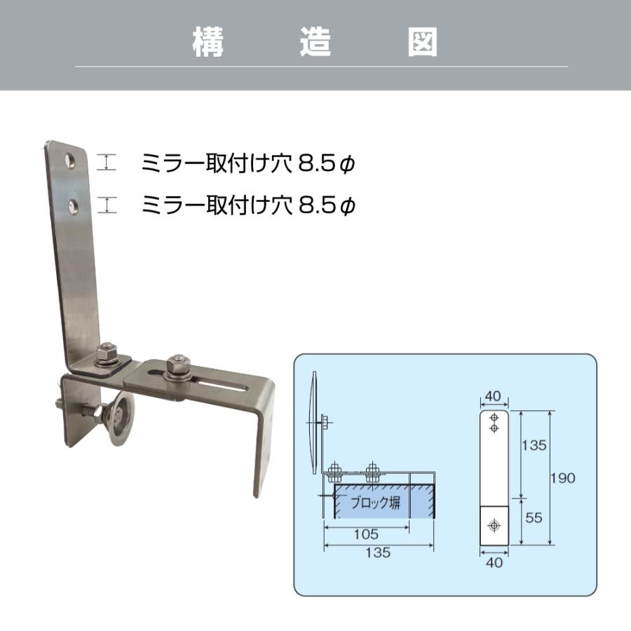 ガレージミラー 取付金具 50〜300mm対応 幅広 ステンレス製 挟み込み