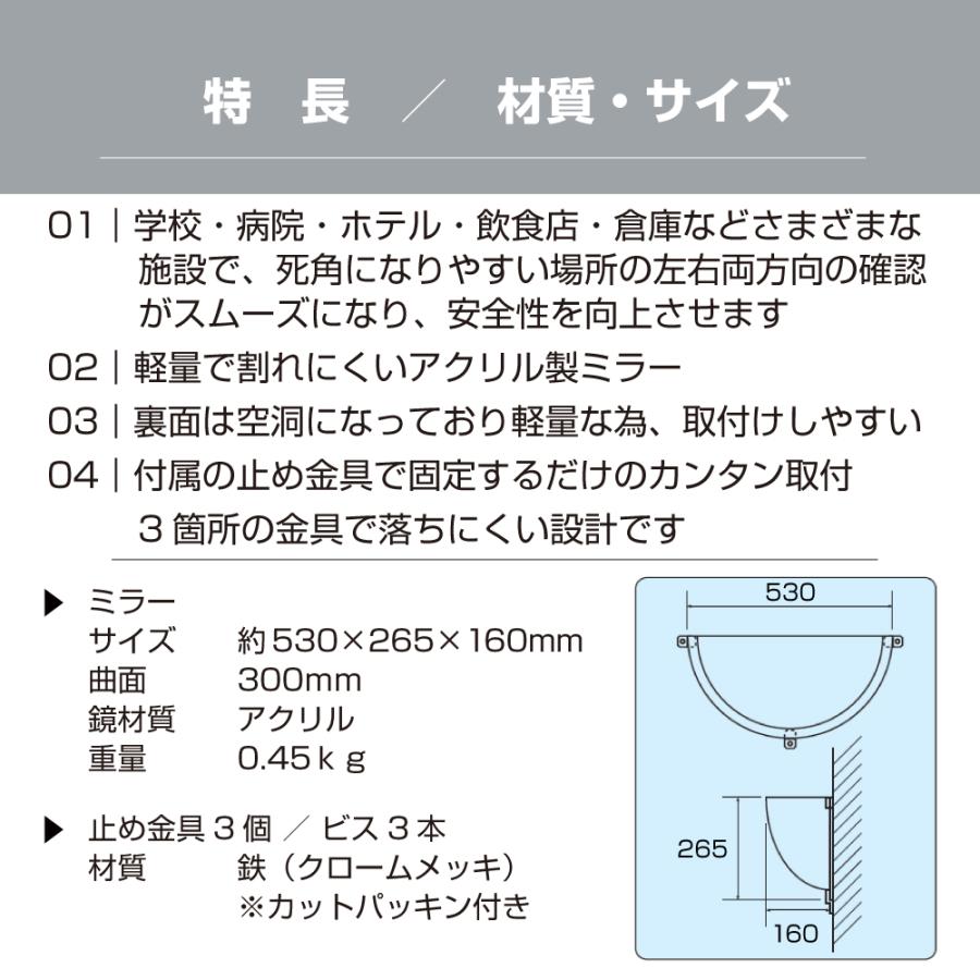 カーブミラー 室内 防犯ミラー 半球ミラーハーフ 約530×265×160mm