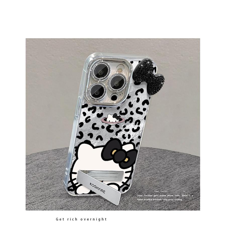 ストラップ付き キティちゃん スマホケース ヒョウ柄 蝶結び キティ