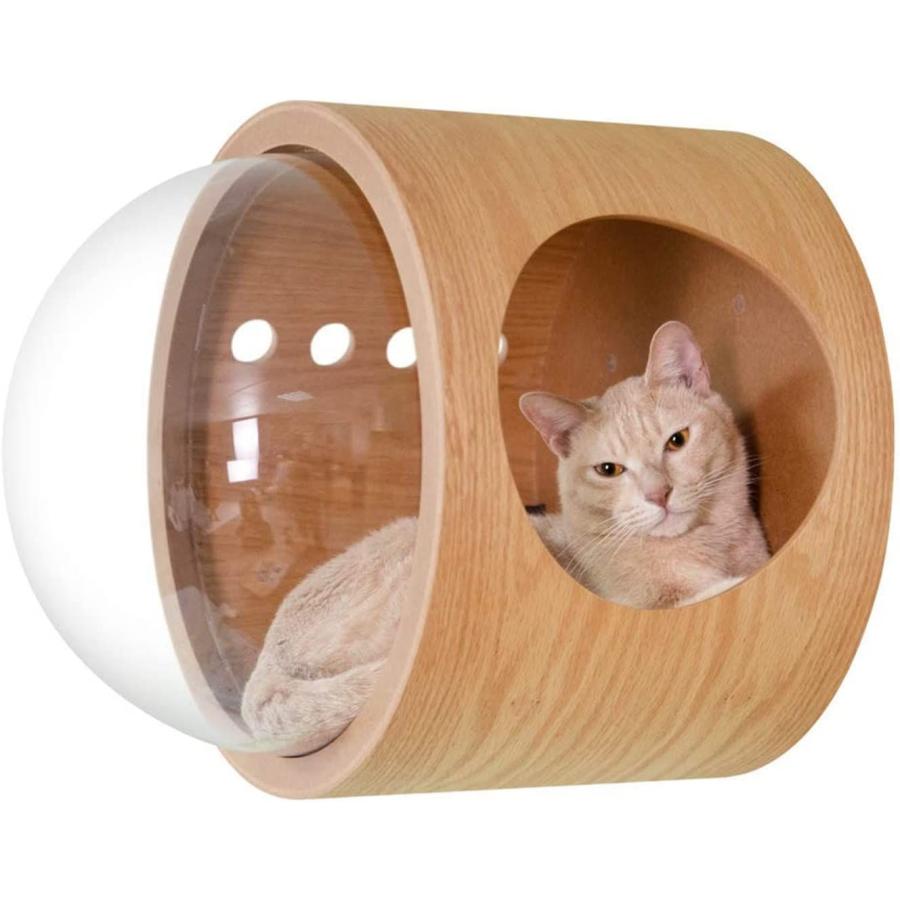 キャットウォーク 壁付け 木製 宇宙船 猫ハウス 透明ペット用ベッド 空気穴で ドーム状 猫用ベッド キャットタワー キャットステップ 壁付け対応 床置き対応 お_2
