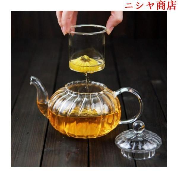 ティーポット ガラス カボチャ ストライプ デザイン 家庭用 フラワーティーポット フィルター付 厚手 透明 耐熱 ガラスポット 茶器 キッチン用品 急須_2