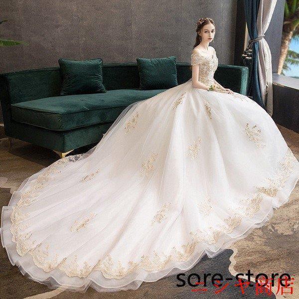 ウェディングドレス ホワイト パーティードレス レース オフショルダー 花嫁 ロングドレス 結婚式 背中あき 二次会 お呼ばれ 挙式 姫系 フォーマル_1