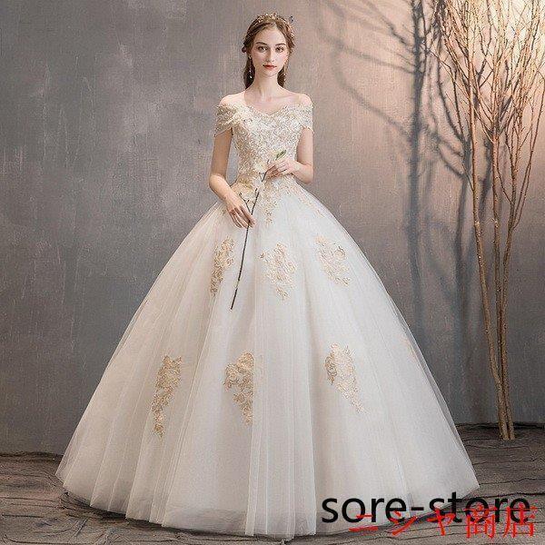 ウェディングドレス ホワイト パーティードレス レース オフショルダー 花嫁 ロングドレス 結婚式 背中あき 二次会 お呼ばれ 挙式 姫系 フォーマル_2