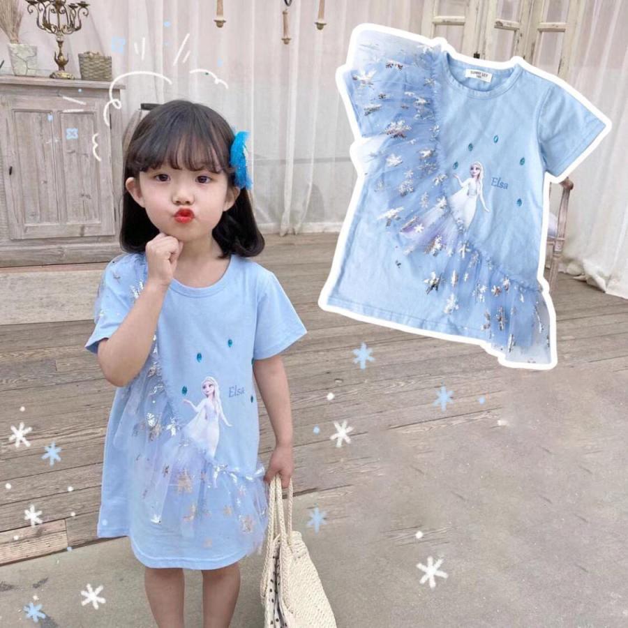 ロングTシャツ アナ雪 半袖 tシャツドレス  服 ベビー/キッズ  スカート  女の子 ワンピース アナ雪ドレス 子供 プリンセスドレス 夏 90/100/110/120/130/140 の商品画像