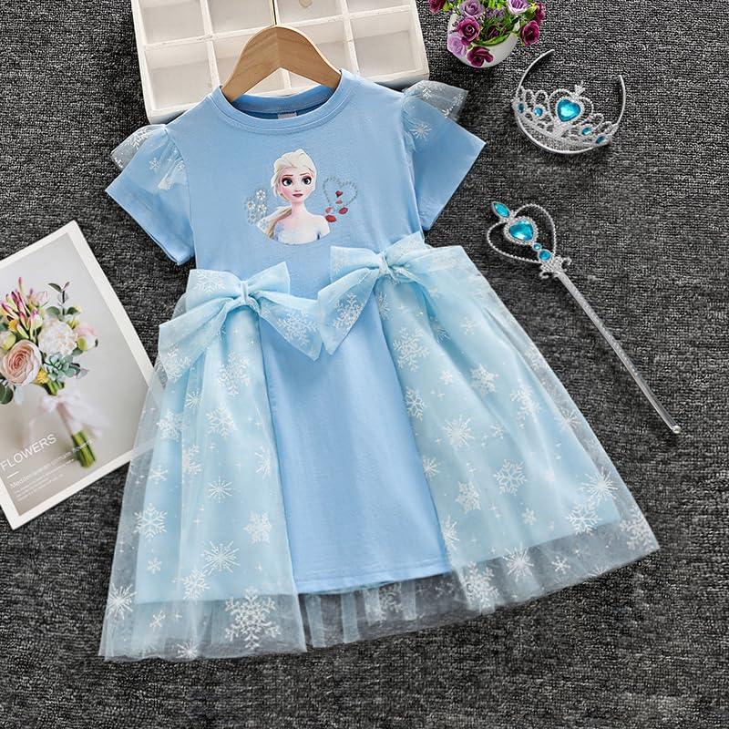 アナ雪 ワンピース チュール切り替えドレス リボン付き 女の子 プリンセスドレス エルサ 服 ティシャツドレス 半袖   ふんわり カジュアル インナー綿100％ の商品画像
