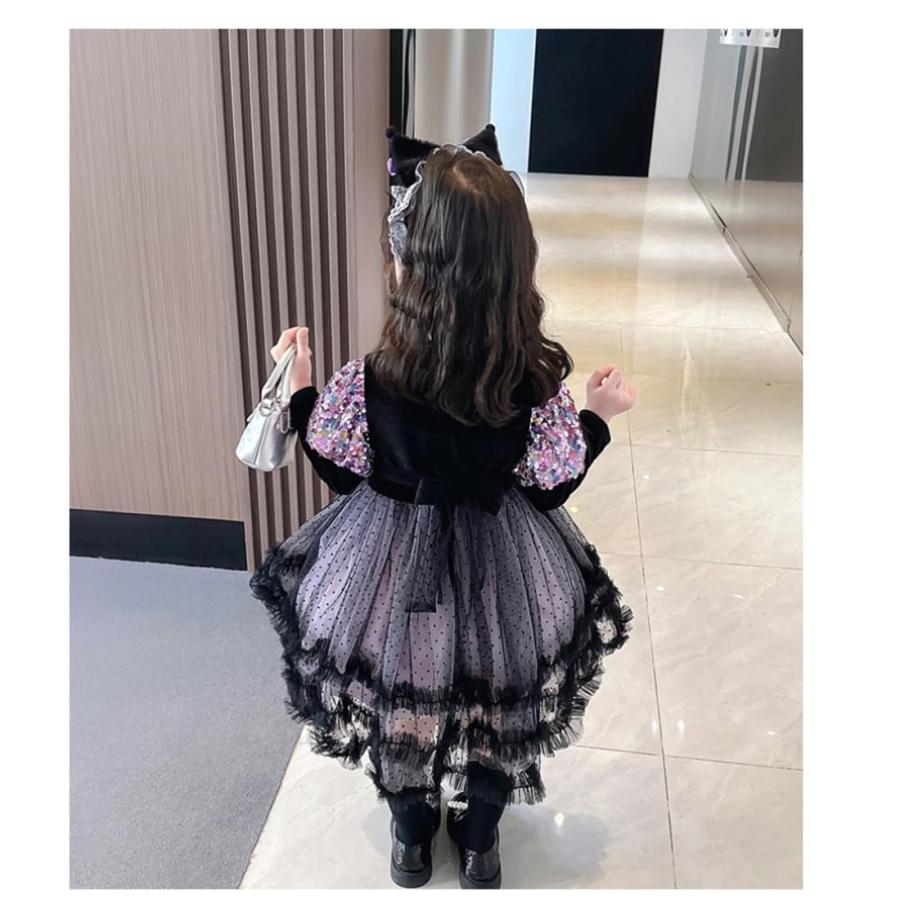 子供ドレス クロミ 子供用 長袖ドレス 紫 ワンピース メッシュ