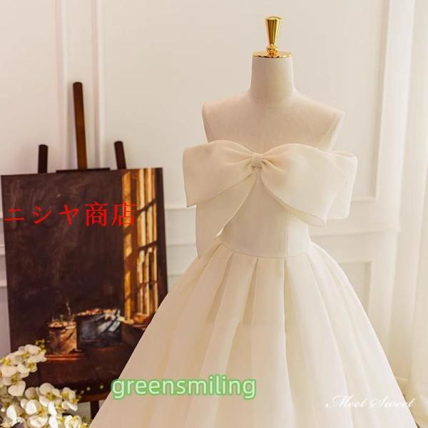 ウェディングドレス ロングドレス オーガンジー プリンセスラインドレス リボン Aラインドレス 二次会 結婚式 前撮り 花嫁 ウエディングドレス ブライダル_1