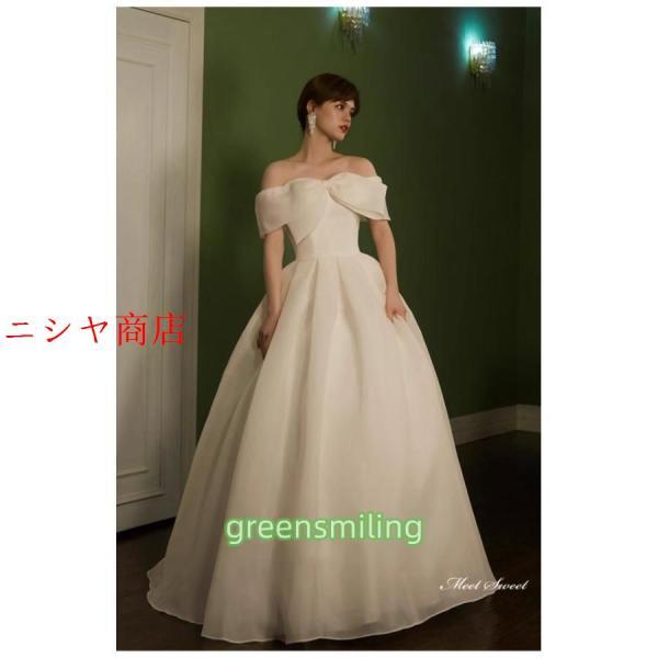 ウェディングドレス ロングドレス オーガンジー プリンセスラインドレス リボン Aラインドレス 二次会 結婚式 前撮り 花嫁 ウエディングドレス ブライダル_6