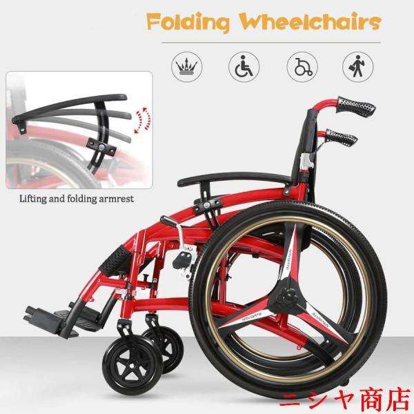軽量折りたたみ車いす、スイングアウェイフットレストとフリップバックアーム＆アンチチップホイール付きスポーツトランスポート車いす、大人用、300ポンド重量の画像