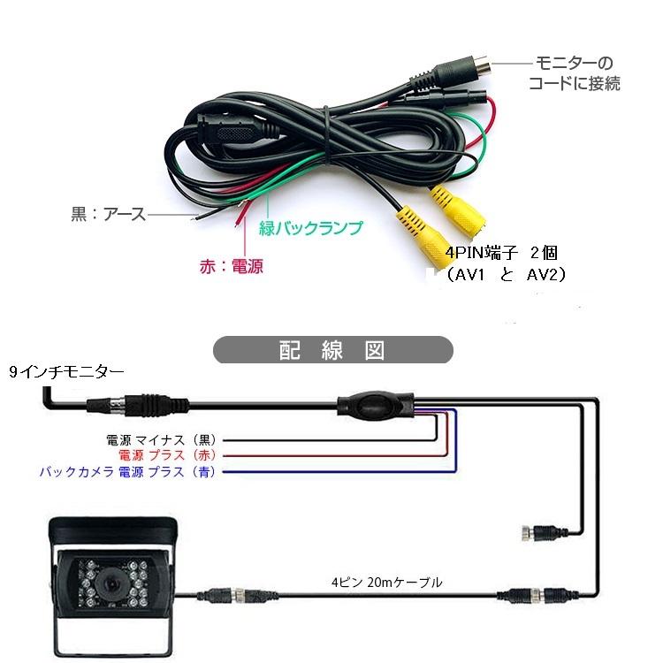 9インチモニター+バックカメラ+20mケーブル 3点セット 4pinタイプ 電源