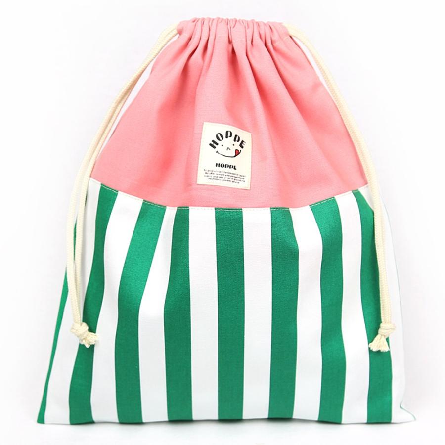 グリーンストライプ 巾着 L Hoppe ホッペ 日本製 手作り 入園入学準備 お着替え袋 上履き入れ シューズケース オープニング 大放出セール 体操服入れ 入園入学グッズ 通園通学 巾着大
