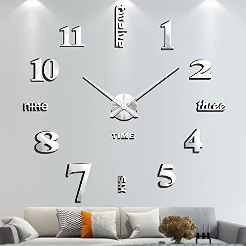 2022年新作入荷 for Stickers Wall Mute Large Clock Wall Mirror 3D Clock Wall DIY Frameless Vangold - 限定価格(Silver-14) Living Decora Home Bedroom Room 掛け時計、壁掛け時計
