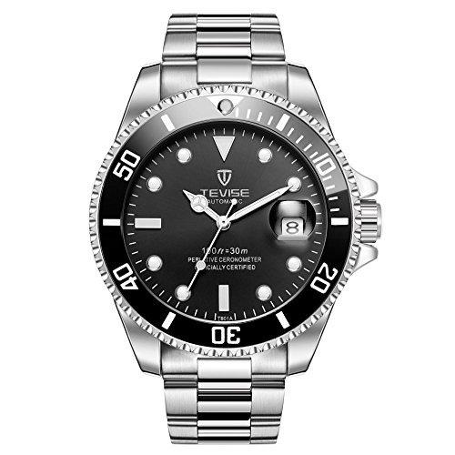 登場! Waterproof Steel Stainless Fashion Watch Mechanical Automatic Men's Watch Submariner Luminous Swiss Watch Black)送料無料 - (Silver 腕時計
