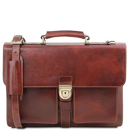 【海外 正規品】 briefcase Leather Assisi Leather 新品Tuscany 3 (Brown)送料無料 TL141825 - compartments ブリーフケース