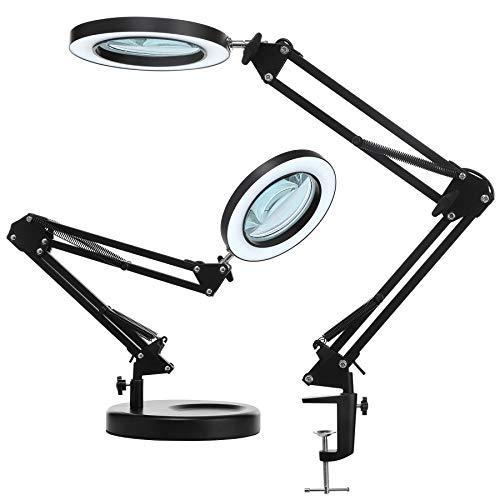 国内最安値！ Lamp, Magnifying LED 新品5X HITTI Mag lamp, Desk Magnifier Lens Glass Real 4.2″ 8-Diopter Modes, Color 3 Dimmable, Stepless Lumens 1,800 デスクライト
