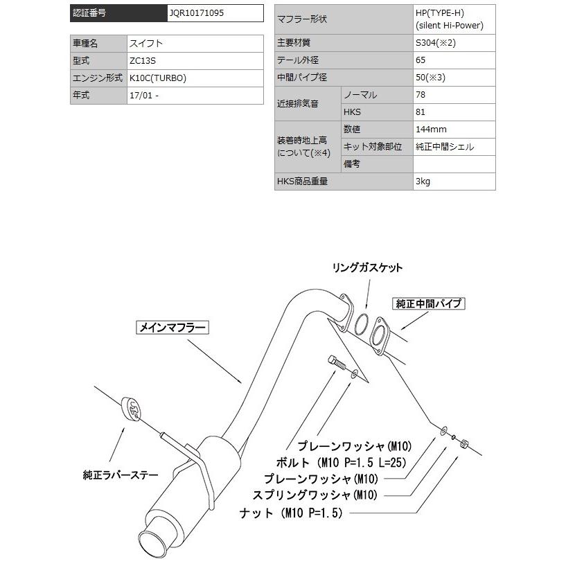 HKS（エッチケーエス） スイフト ZC13S マフラー マフラー形状HP(TYPE