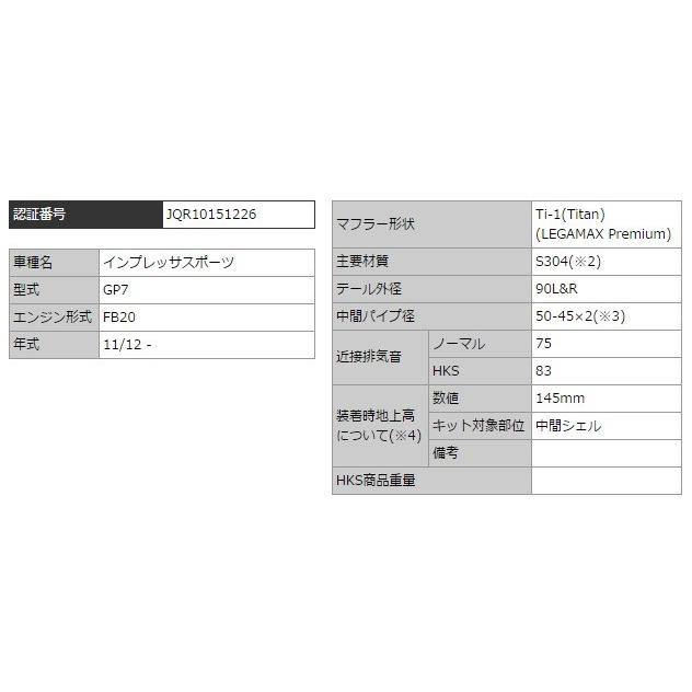エッチケーエス インプレッサスポーツ DBA-GP7 マフラー Ti-1(チタン) SUS304 32018-AF013 HKS LEGAMAX Premium リーガマックスプレミアム