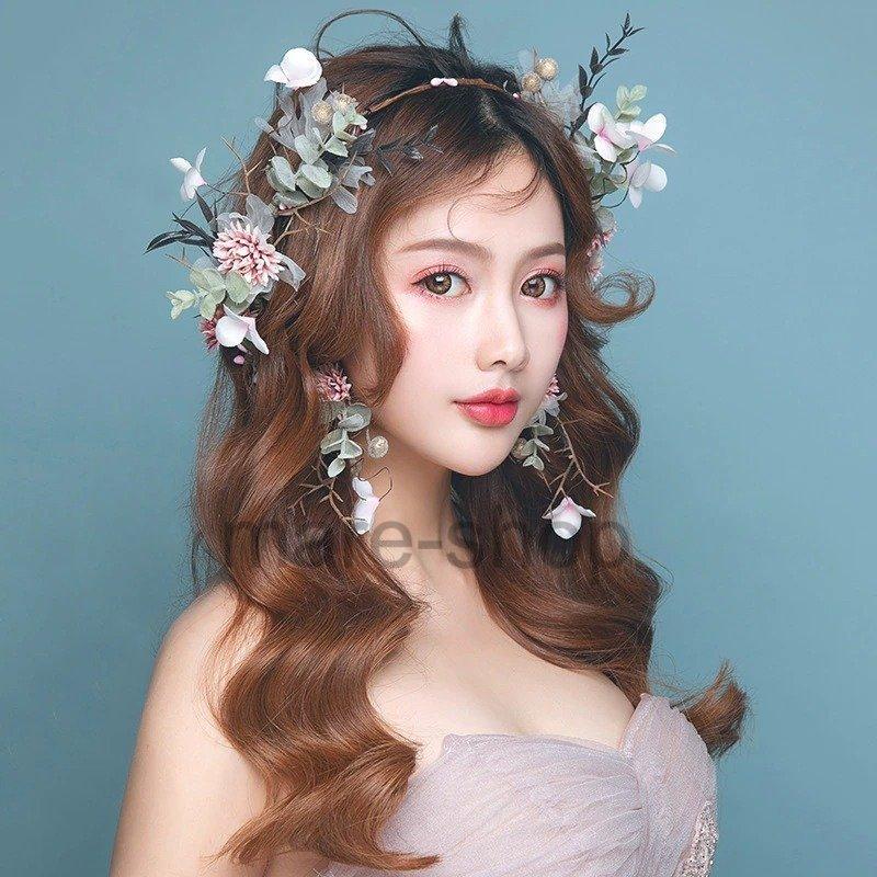 数量限定 特売 ヘッドドレス 花冠 花輪 花 造花 帽子 アクセサリー ピアス セット ベージュ ピンク ウェディング ウェディング小物 ブライダル ヘアアクセサリー Esm Com Mk