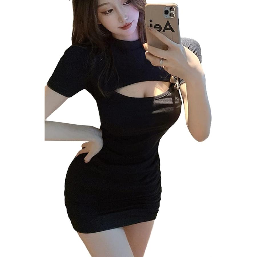 胸 あき セクシー 半袖 ミニ ワンピース タイト 胸元 開き ニット ボディコン ミニワンピ 黒 ブラック L スピード発送 ホリック Paypayモール店 通販 Paypayモール