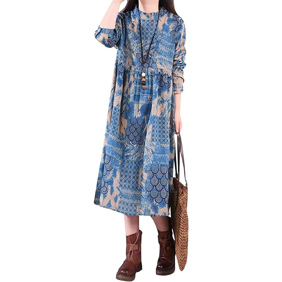 ワンピース 長袖 チュニック 薄手 エスニック 柄 アジアン オールインワン トップス レディース ブルー ベージュ 2xl ホリック Paypayモール店 通販 Paypayモール