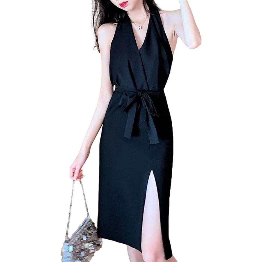 アイラカリラ ノースリーブ Vネック ワンピース ホルターネック フレア ひざ丈 リボン 背中開き タイト スリット ブラック L ホリック Paypayモール店 通販 Paypayモール