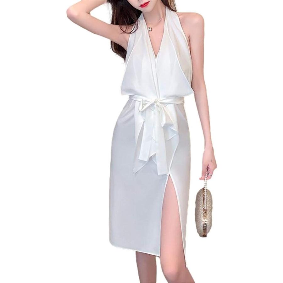 アイラカリラ ノースリーブ Vネック ワンピース ホルターネック フレア ひざ丈 リボン 背中開き タイト スリット ホワイト L ホリック Paypayモール店 通販 Paypayモール