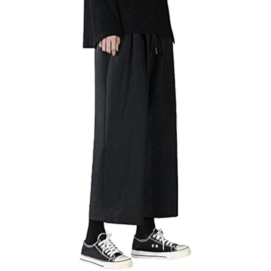 ワイドパンツ メンズ レディース 袴パンツ ロングパンツ タックパンツ 黒 ブラック L 付与