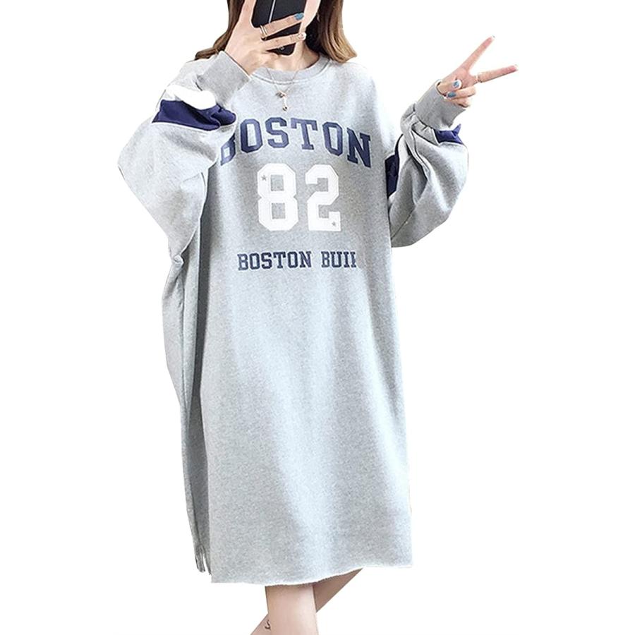 タイムスリップ レディース ワンピース ロング丈 シャツ トレーナー ロゴ プリント カジュル スウエット ビッグ 長袖 グレー L ホリック Paypayモール店 通販 Paypayモール