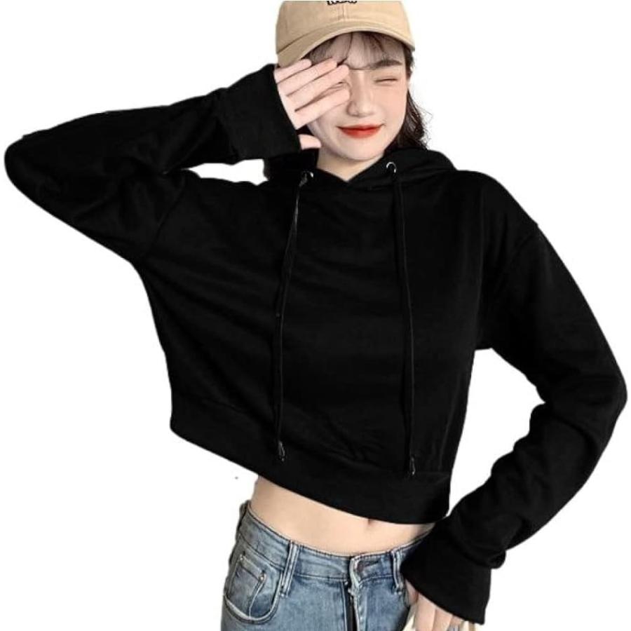 パーカー レディース 可愛い トレーナー ショート丈 トップス スポーツ ダンス シンプル スウエット プルオーバー ブラック M スピード発送 ホリック Paypayモール店 通販 Paypayモール