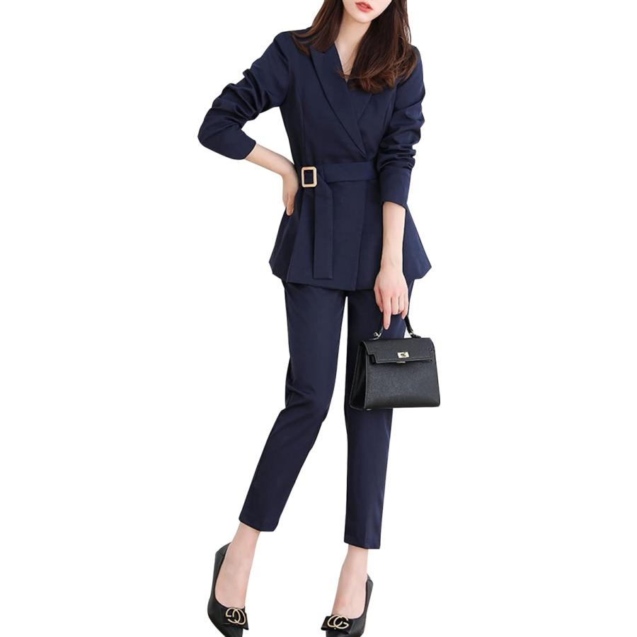 ファッション 週末限定直輸入 マリアマーファ オフィス スーツ パンツスーツ ダブル風 ウエスト ベルト付 ジャケット ストレッチ 2点セット ネイビー Xl Jkq4i1tm6i Boulevardrestaurants Com