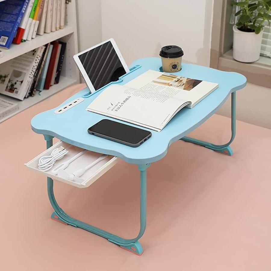 折りたたみテーブル 折り畳みテーブルパソコンデスク座卓 ベッドテーブル ローテーブル 凹溝付(ブルー, Medium)