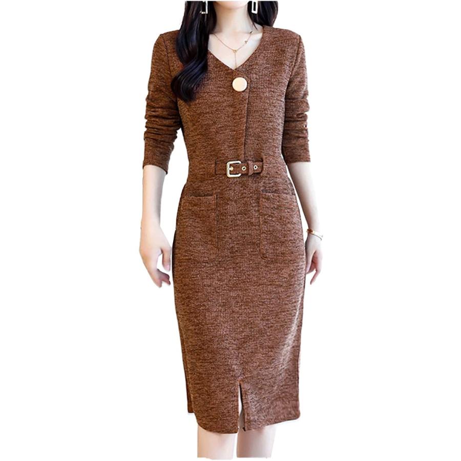 ニットワンピ 秋 冬 ワンピース メール便無料 長袖 ライト ひざ丈 レディース Xl ベルト ウエスト 大人 ブラウン
