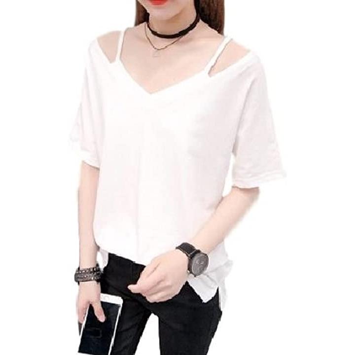 ニブンノイチスタイル シャツ レディース 女性 おんな ロング ブラウス ホワイト しろ 半袖 五分袖 5分袖 無地 (白、肩ひも, L)