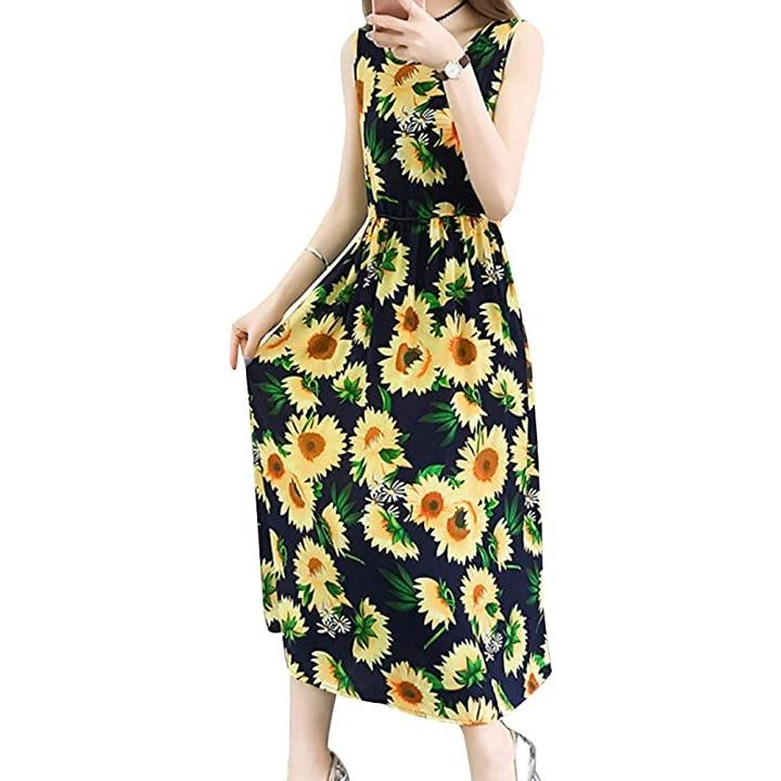 総柄 ロング ワンピース ノースリーブ ドレス おしゃれ オシャレ カワイイ キレイメ ユル 緩 ゆったり マキシ ひまわり柄 Xl ホリック Paypayモール店 通販 Paypayモール