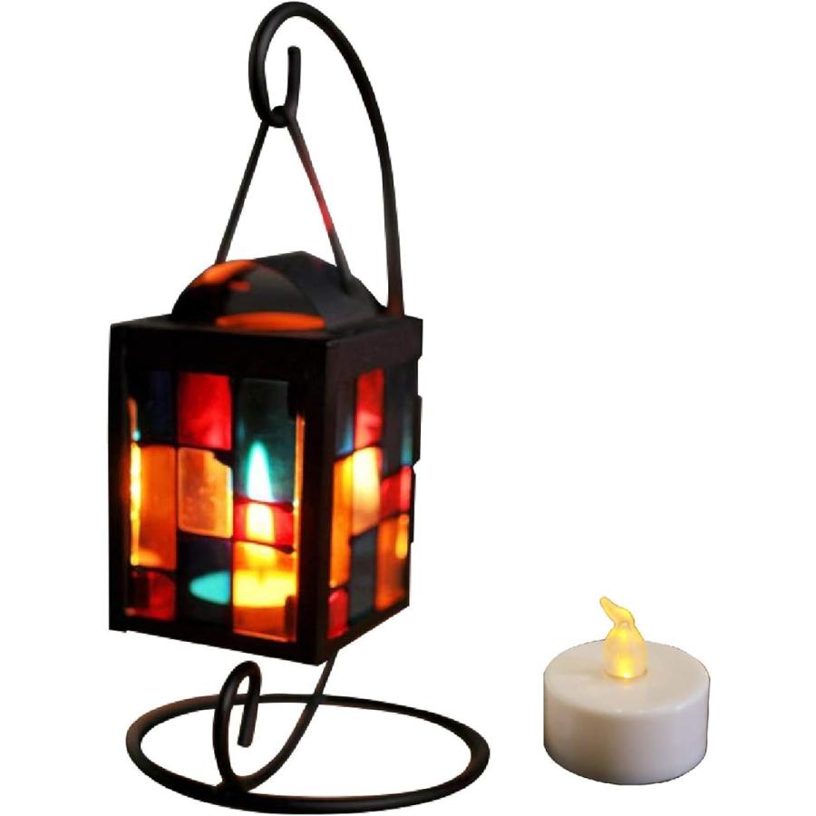 キャンドル スタンド ホルダー アンティーク 北欧 吊りフック付き ステンドグラス インテリア Ledロウソク 癒し ブラック