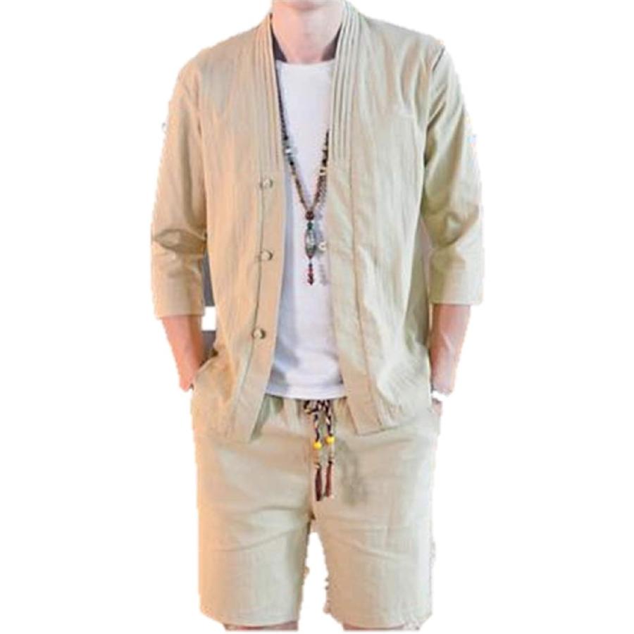 上下セット セットアップ パンツ 部屋着 シンプル 綿麻 メンズ ベージュ M 100 品質保証