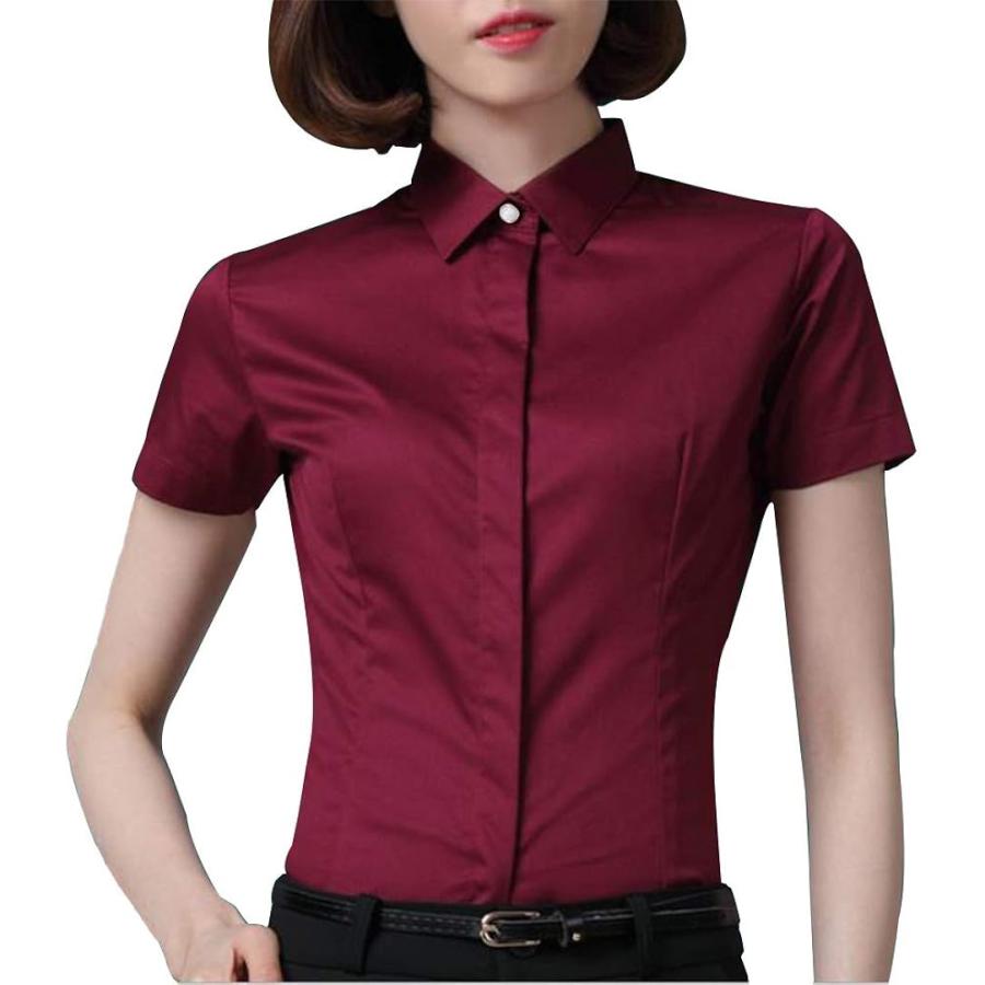 ウィメンズシャツ レディースワイシャツ 事務服ブラウス カジュアルシャツ レギュラー衿 隠しボタン ワインレッド 5l 限定品