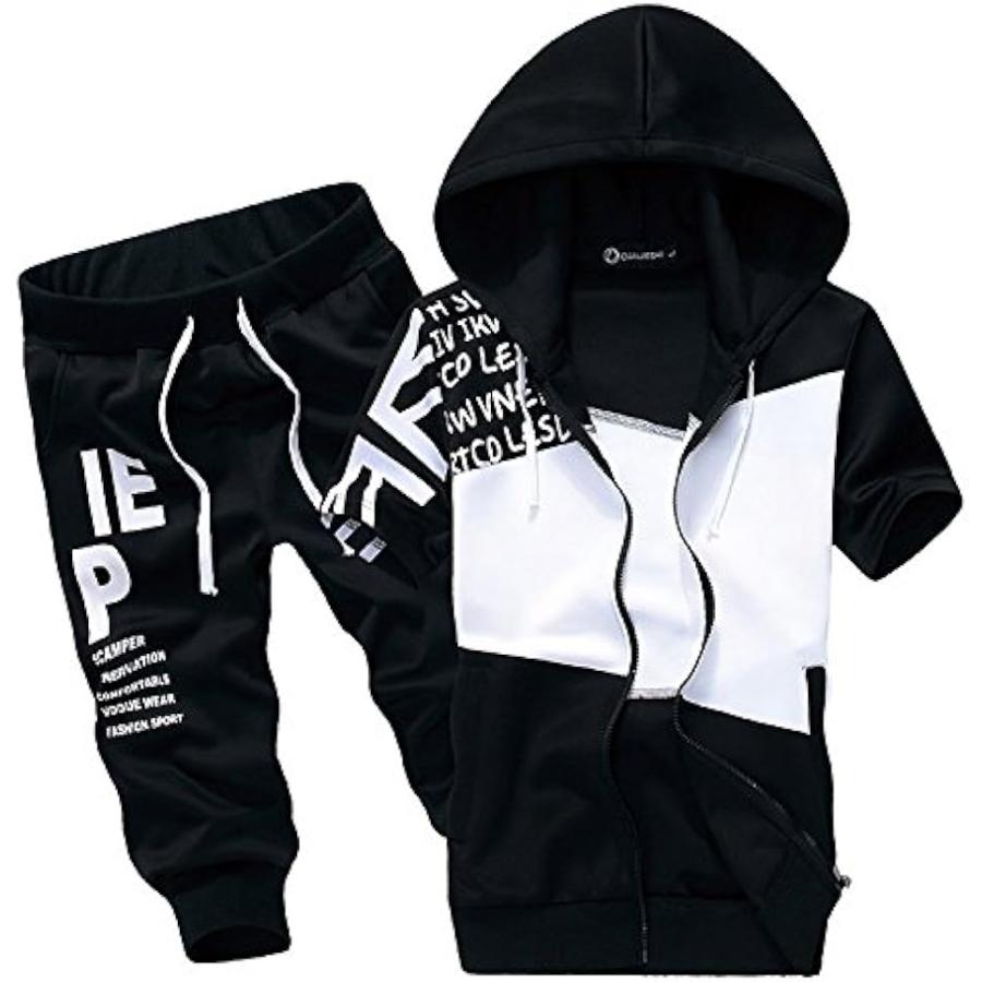 アスペルシオ メンズ 半袖 パーカ ハーフパンツ スエット 上下セット スポーツ トレーニング ジャージ上下 黒 ブラック 2xl 期間限定特価