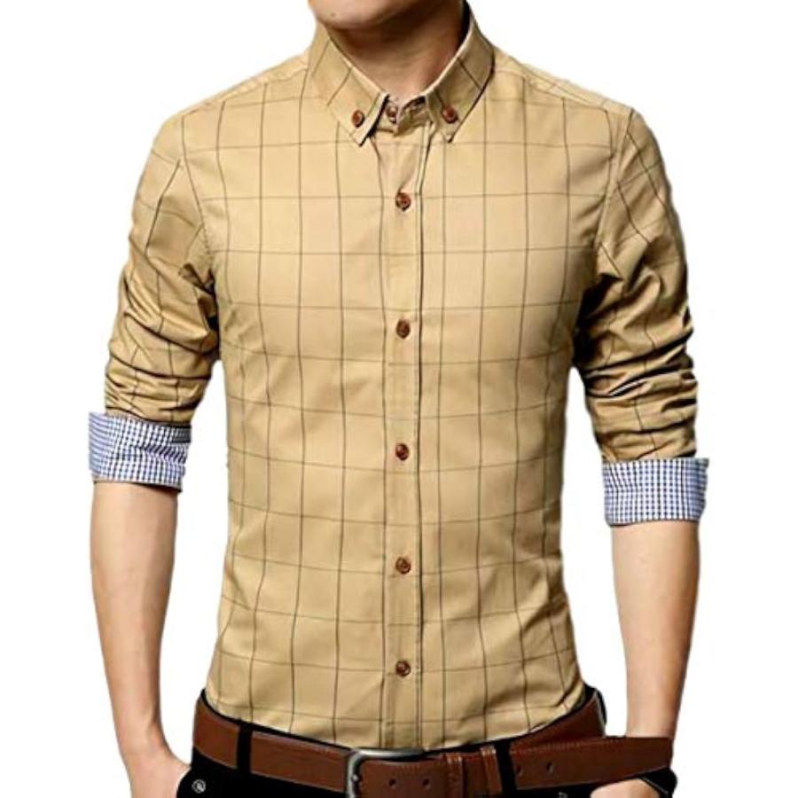 格安saleスタート メンズ チェック 柄 シャツ 長袖 カジュアル ワイシャツ 大きいサイズ も ビジネス ボタン ベージュ Xl G Grafiti Si