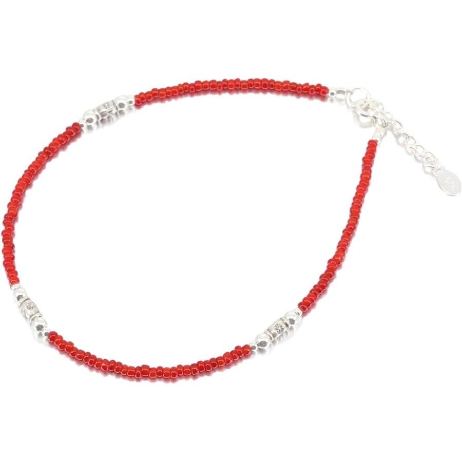 カレン アンクレット シルバー 925 人気 カレン族 レッド ホワイトハーツ グラス ビーズ オシャレ 足首 ミサンガ レッド