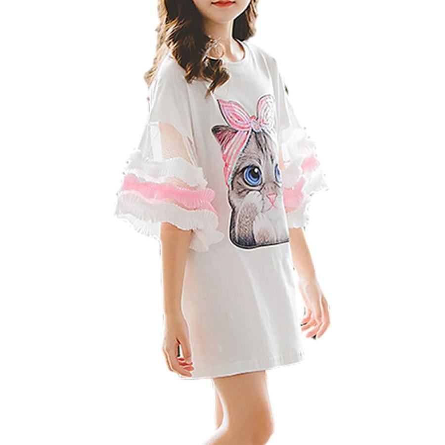 フリフラ 160cm キッズ ワンピース フリル袖 ネコ柄 ロゴプリント付き デニム 女の子 ドレス Tシャツ ひらひら Mdm 白 160 ホリック Paypayモール店 通販 Paypayモール