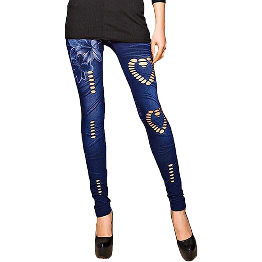 本物保証 ルクシア フィル レディース デニム 風 10分丈 レギンス 花柄 透かし 加工 ストレッチ スキニー パンツ 吸汗 穴あり L
